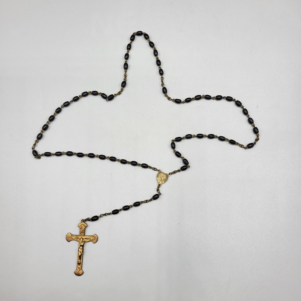Catholic Religious Rosary Necklace Vintage Black Bead Gold Tone Crucifix 18"